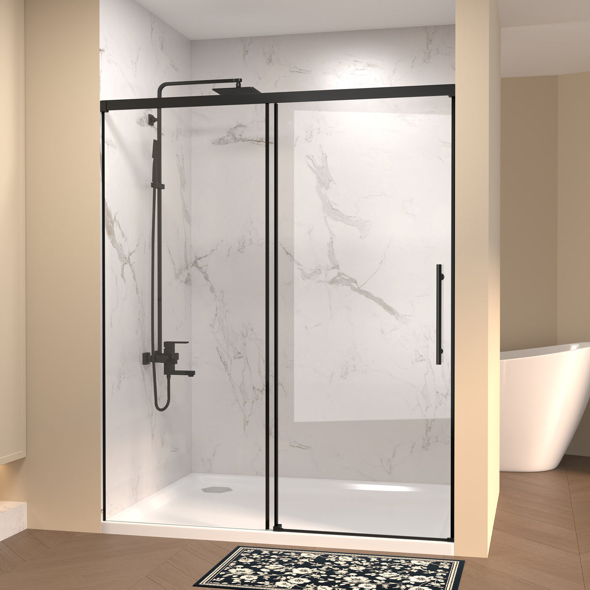 PF-129 Single sliding shower door installed shower setting