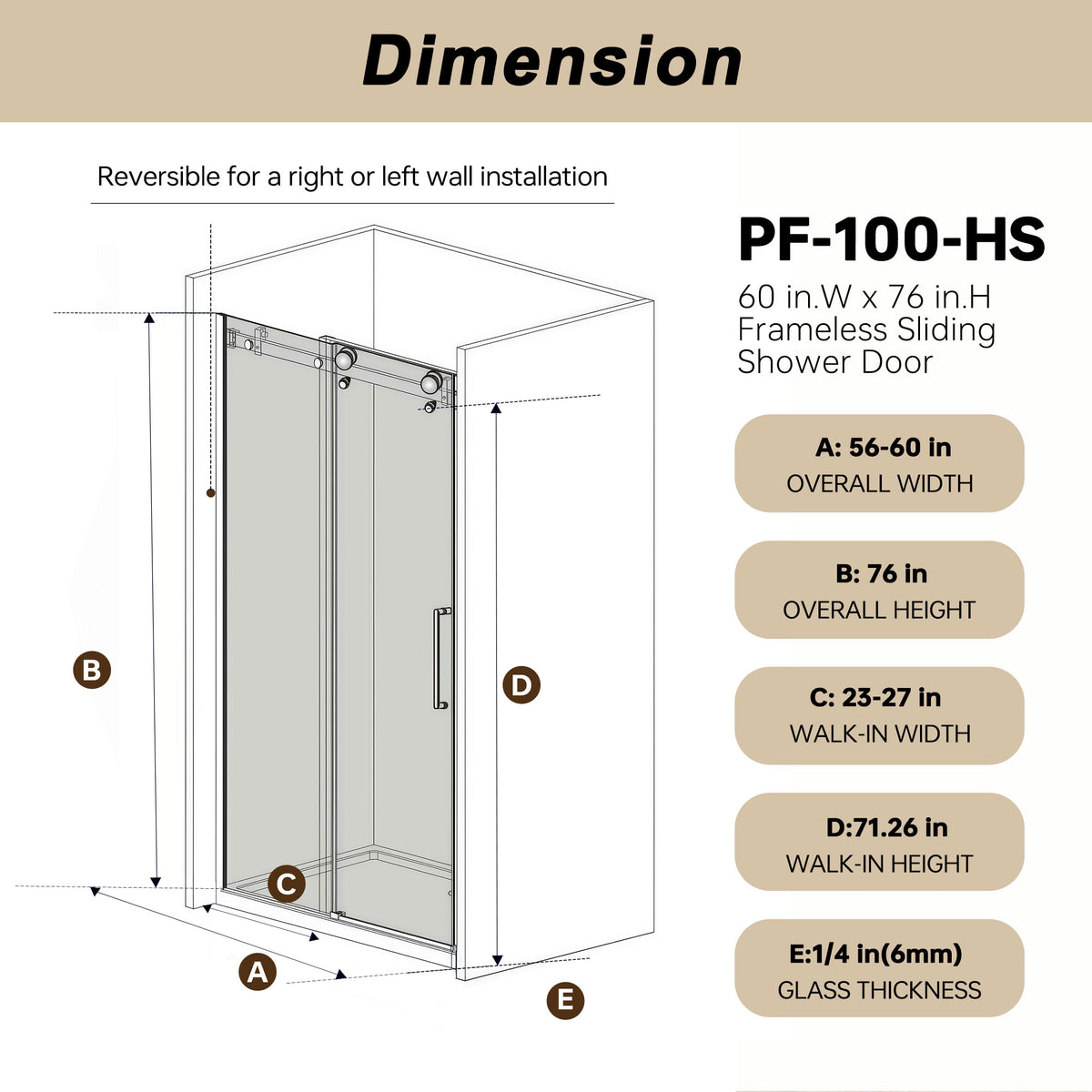 PF-100 Single Sliding Shower Door size and glass check