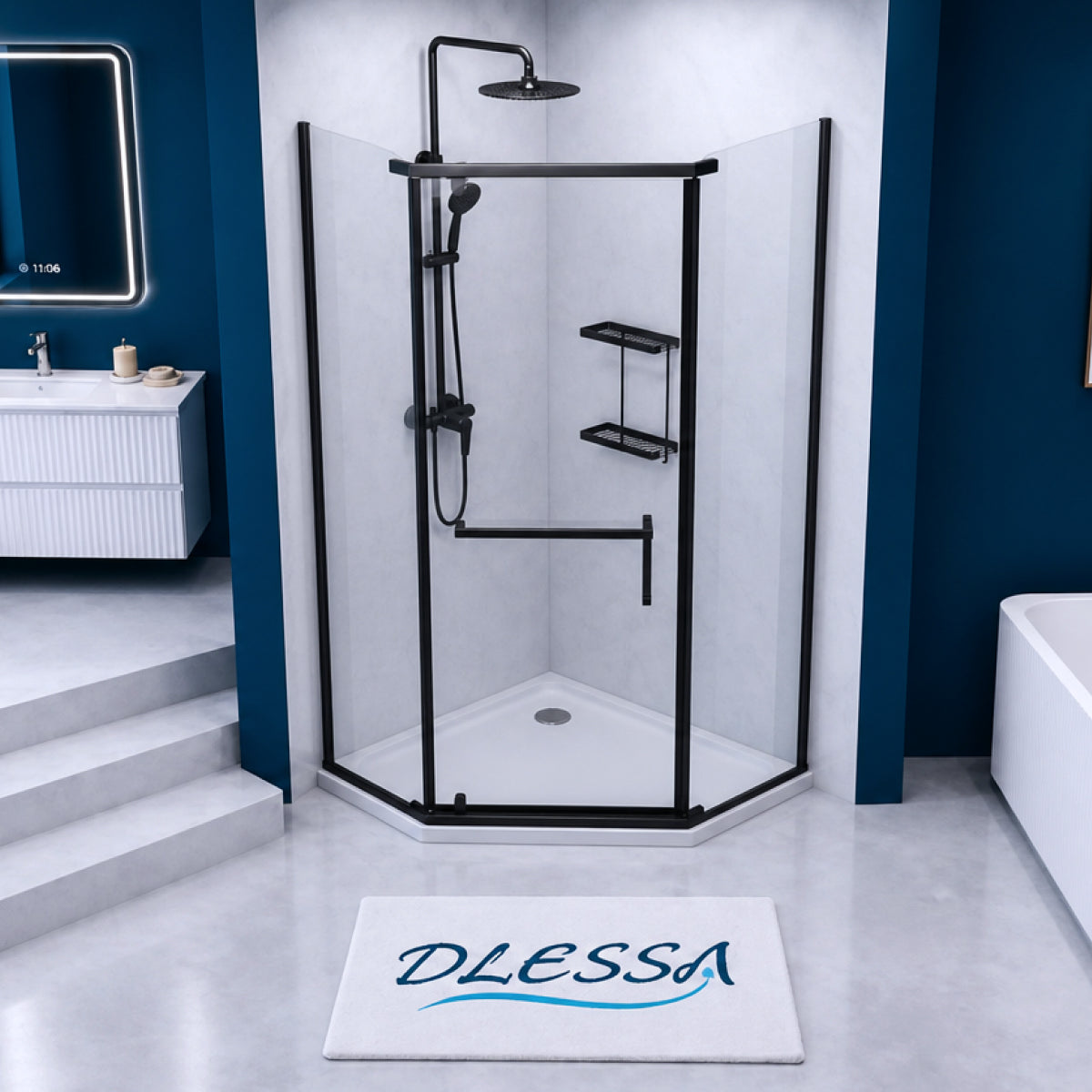 A-32 Neo-Angle Shower Enclosure installed shower setting